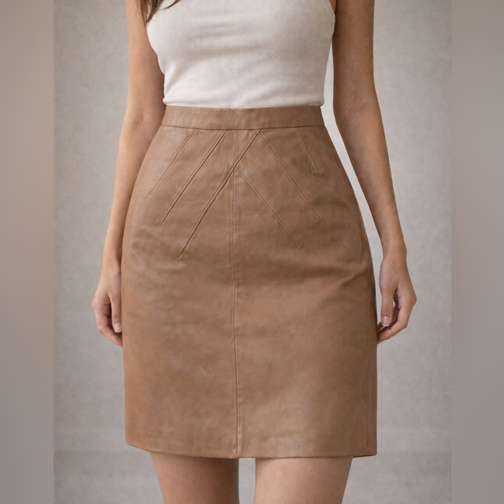 Lamarque Collection Tan Leather Midi Pencil Skirt